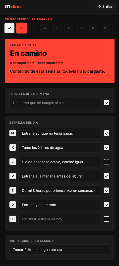 Pantalla de semana de la app 91 Días